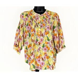 Democracy Rainbow Fruit Cotton Blouse Medium 3/4 Sleeves Button Lace Artsy Top